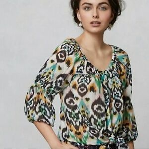 Anthropologie Vanessa Virginia Silk Ikat Print tie front Peasant Blouse SZ S